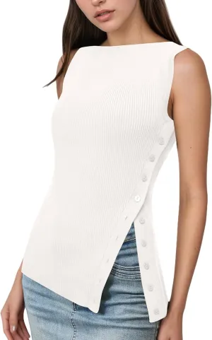 OLAPTA Women Asymmetrical Button Down Side Split Sleeveless Tank Tops Boat Neck Slim Fit Summer Casual Side Button Knit Vest