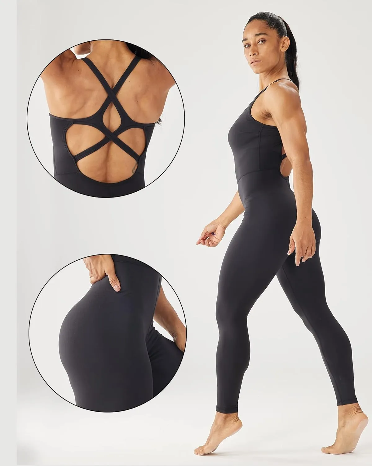 ONGASOFT Women's One Piece Jumpsuit for Workout Yoga Dance Strappy Athletic Bodysuit Open Back Rompers