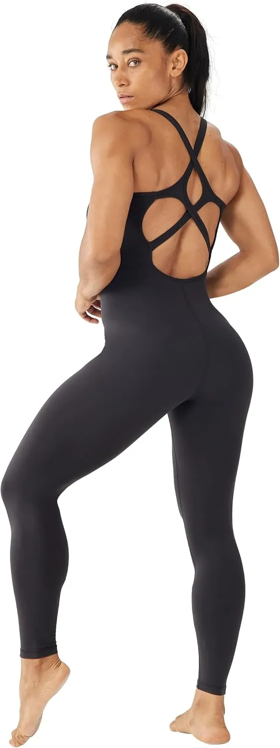 ONGASOFT Women's One Piece Jumpsuit for Workout Yoga Dance Strappy Athletic Bodysuit Open Back Rompers
