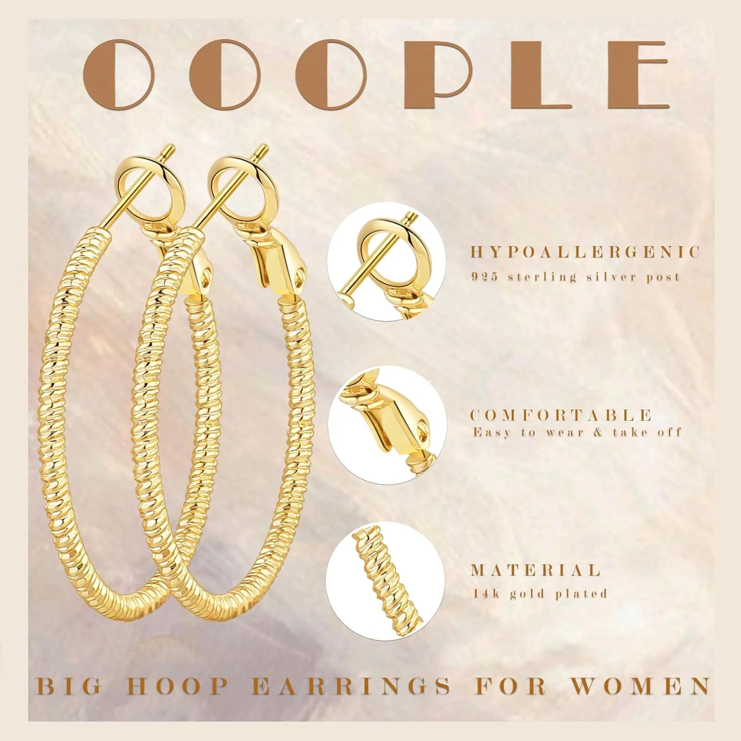 OOOPEL Gold Hoops Earrings for Women, 14k Real Gold Plated Big Earring Hoops Lightweight Earrings Hypoallergenic Large Sterling Silver Hoop Earring for Women 30MM 40MM 50MM 60MM