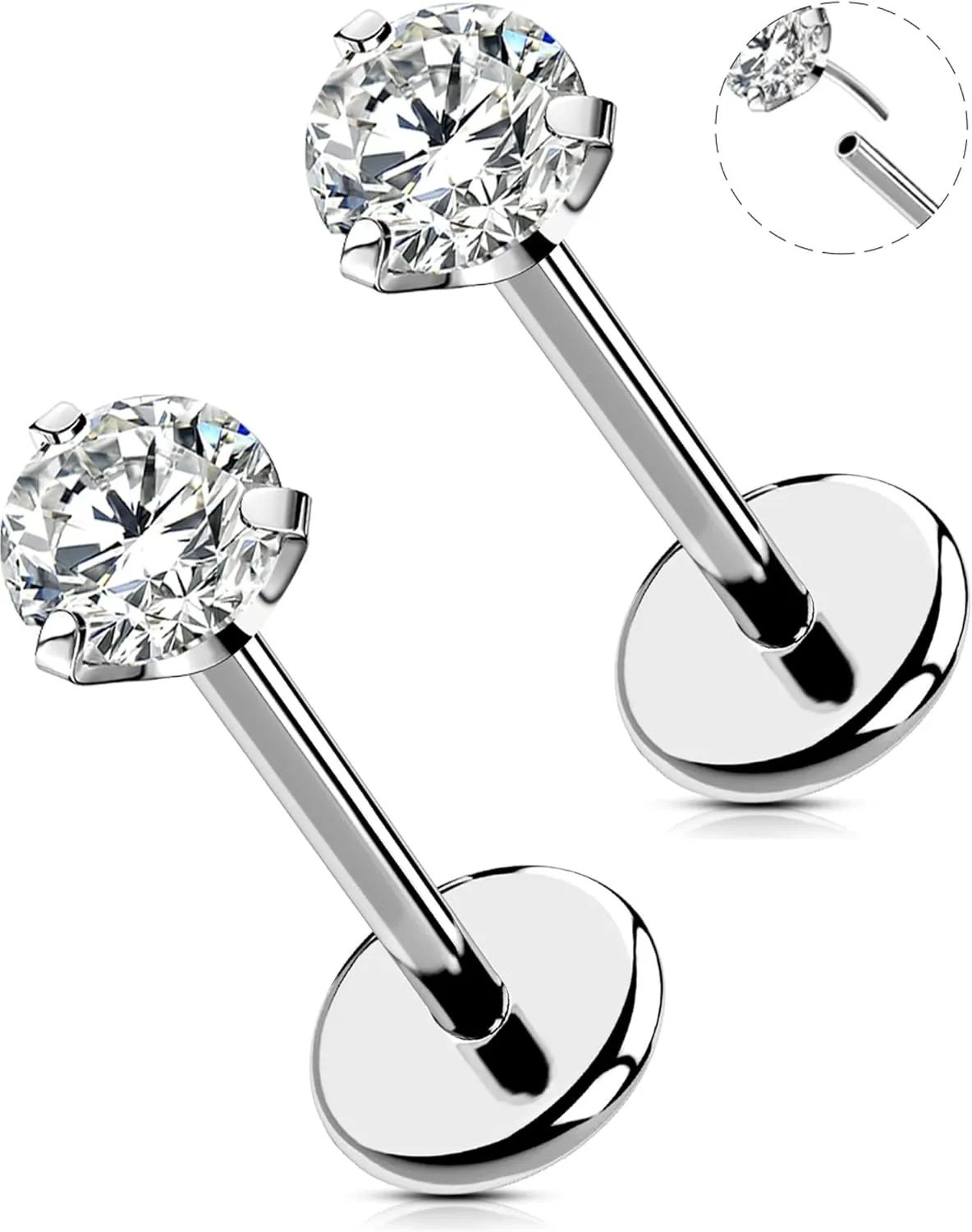 OUFER 2PCS Nose Rings, G23 Solid Titanium Threadless 20G Nose Studs Silver, Flat Back Nostril Piercing Jewelry with Sparkling CZ, Earring Studs for Women and Men, 0.8*8mm, Transparent