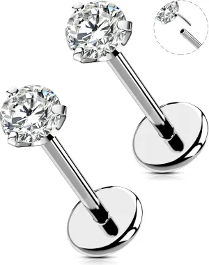 OUFER 2PCS Nose Rings, G23 Solid Titanium Threadless 20G Nose Studs Silver, Flat Back Nostril Piercing Jewelry with Sparkling CZ, Earring Studs for Women and Men, 0.8*8mm, Transparent