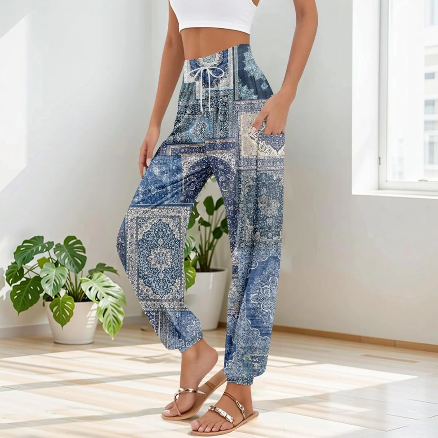 Palazzo Pants for Women Dressy Casual Drawstring Pants 2025 Capri High Waisted Plaid Summer Trendy Outfit Pocket