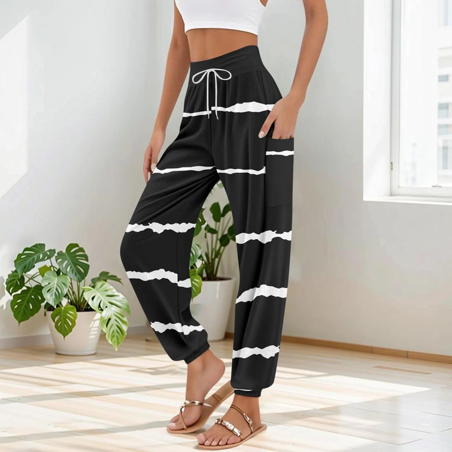 Palazzo Pants for Women Dressy Casual Drawstring Pants 2025 Capri High Waisted Plaid Summer Trendy Outfit Pocket