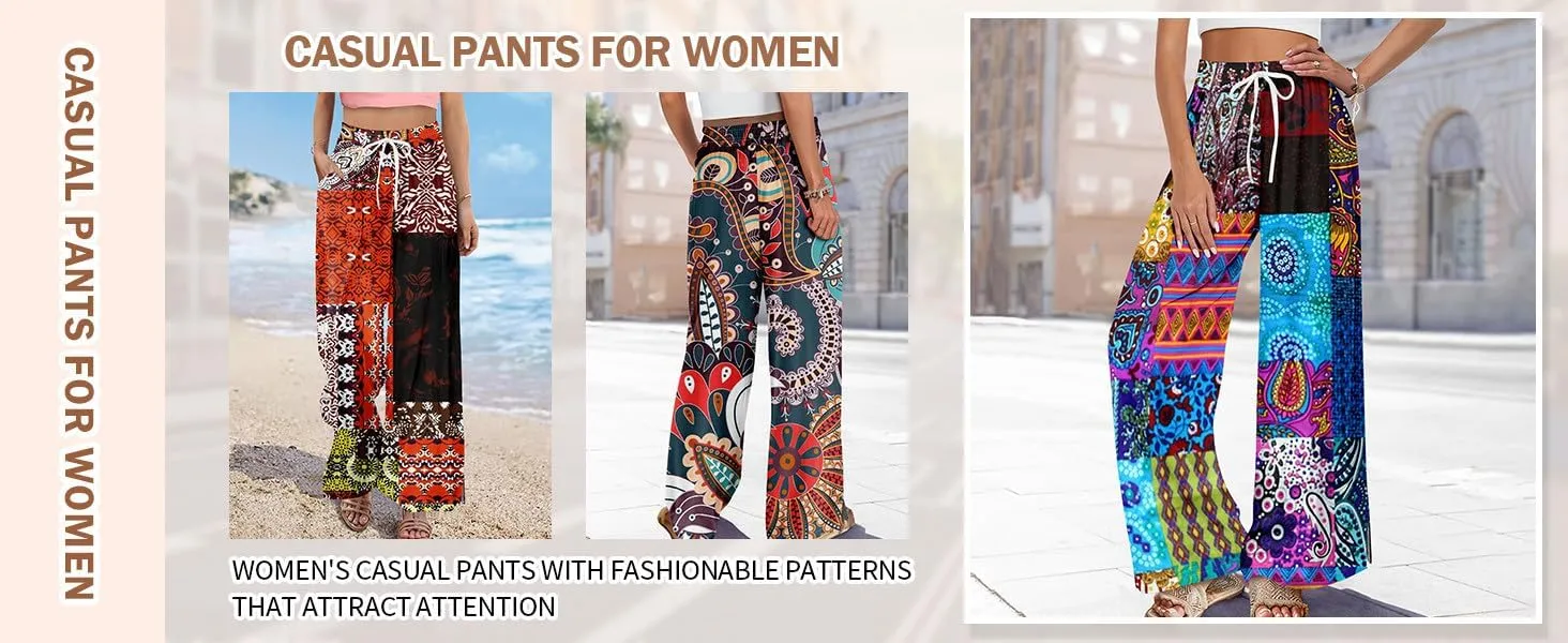 Palazzo Pants for Women Dressy High Waist 2025 Floral Baggy Bohemian Style Elastic Waist Trendy Trousers