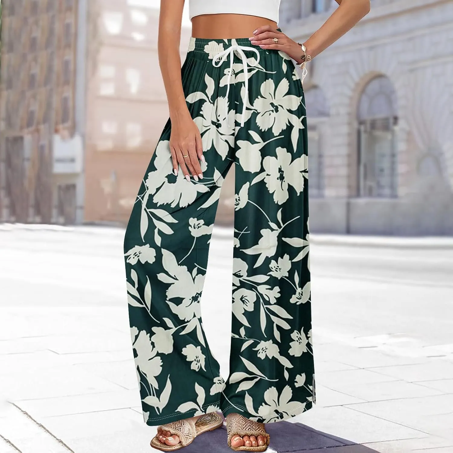 Palazzo Pants for Women Dressy High Waist 2025 Floral Baggy Bohemian Style Elastic Waist Trendy Trousers