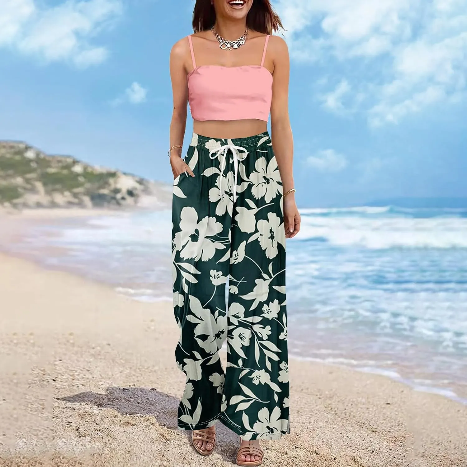 Palazzo Pants for Women Dressy High Waist 2025 Floral Baggy Bohemian Style Elastic Waist Trendy Trousers