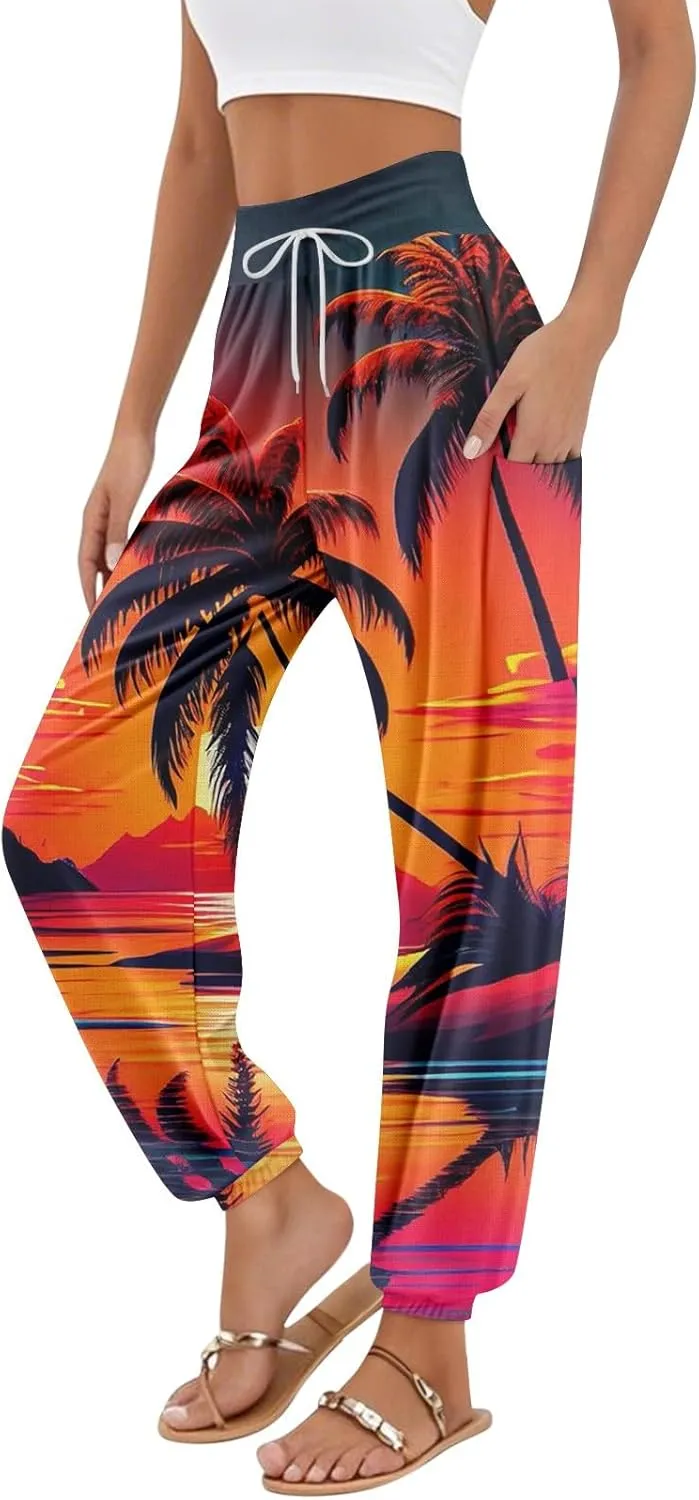 Palazzo Pants for Women Fashion Elastic Lounge Pants Beach High Waisted Floral Print Summer Flowy Trouser Pocket