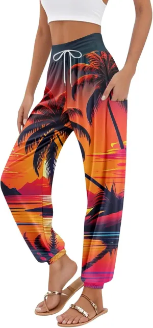 Palazzo Pants for Women Fashion Elastic Lounge Pants Beach High Waisted Floral Print Summer Flowy Trouser Pocket