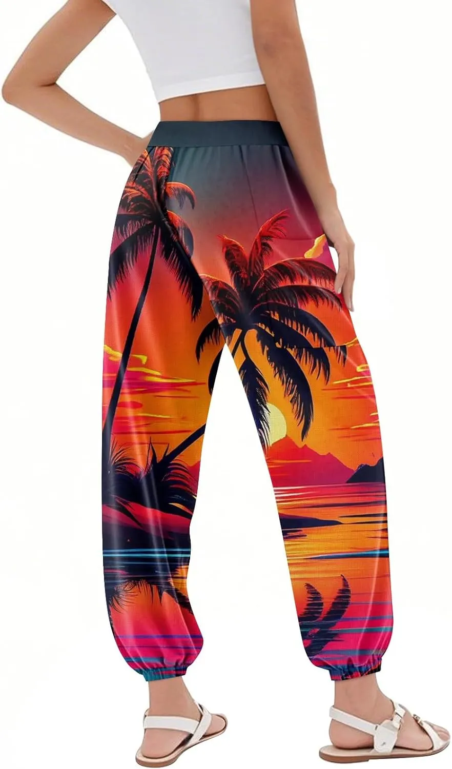 Palazzo Pants for Women Fashion Elastic Lounge Pants Beach High Waisted Floral Print Summer Flowy Trouser Pocket