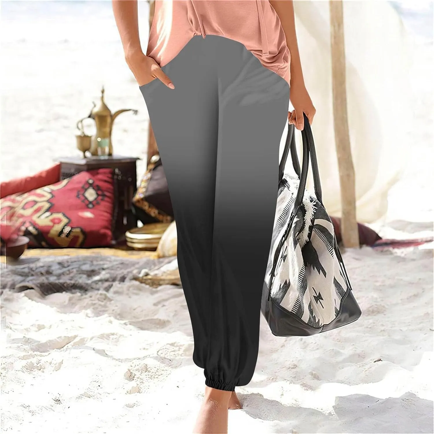 Pants for Women Casual Beach High Rise Trendy Lounge Pants Elastic Tie Dye Summer Casual 2025 Outfits Trousers Pockets