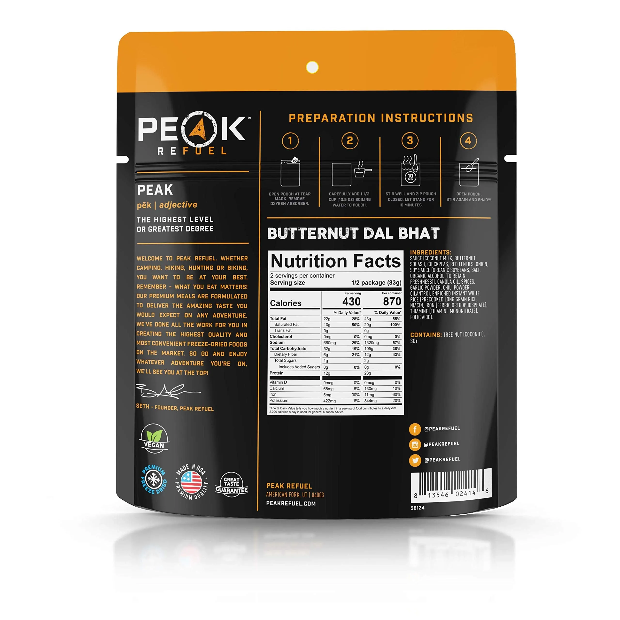 Peak Refuel Freeze-Dried Butternut Dal Bhat - 2 Serving Pouch