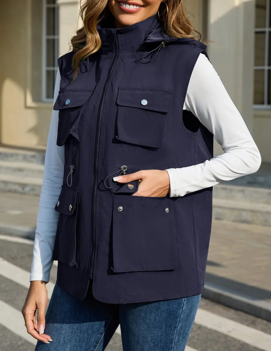 PESION Womens Packable Military Utility Vests Outerwear Waterproof Windbreaker Jacket Cargo Vest with Removable Hood