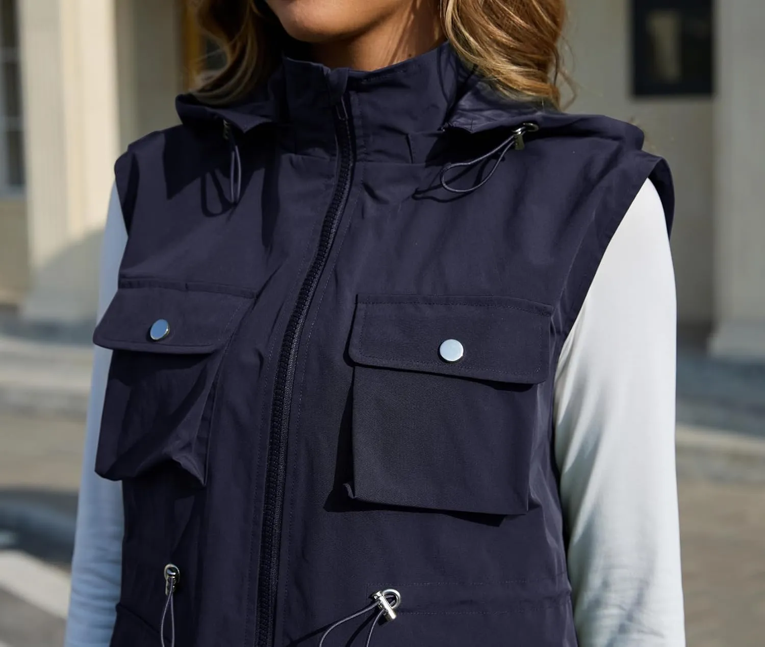 PESION Womens Packable Military Utility Vests Outerwear Waterproof Windbreaker Jacket Cargo Vest with Removable Hood
