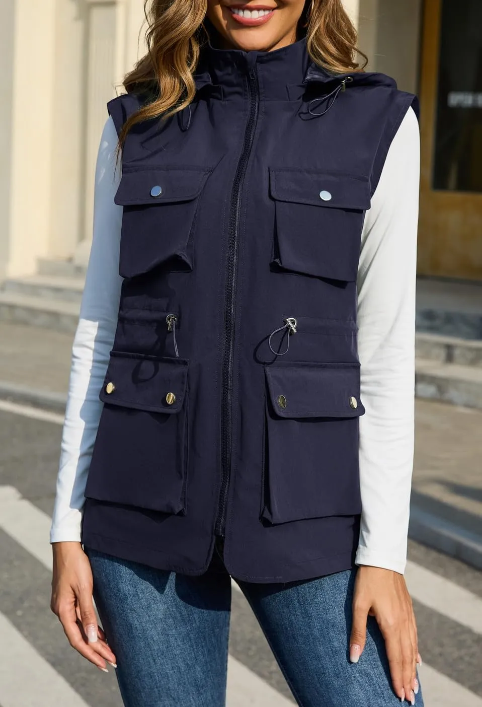PESION Womens Packable Military Utility Vests Outerwear Waterproof Windbreaker Jacket Cargo Vest with Removable Hood