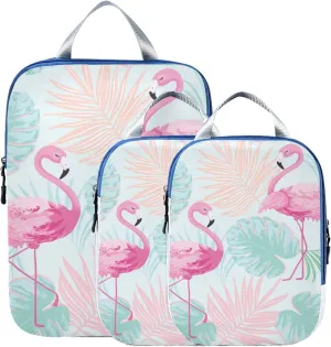 Pink Flamingo Green Palm Leaf Compression Packing Cubes 3 Set Waterproof Expandable Packing Organizers for Travel Accessories Suitcases Luggage Backpack
