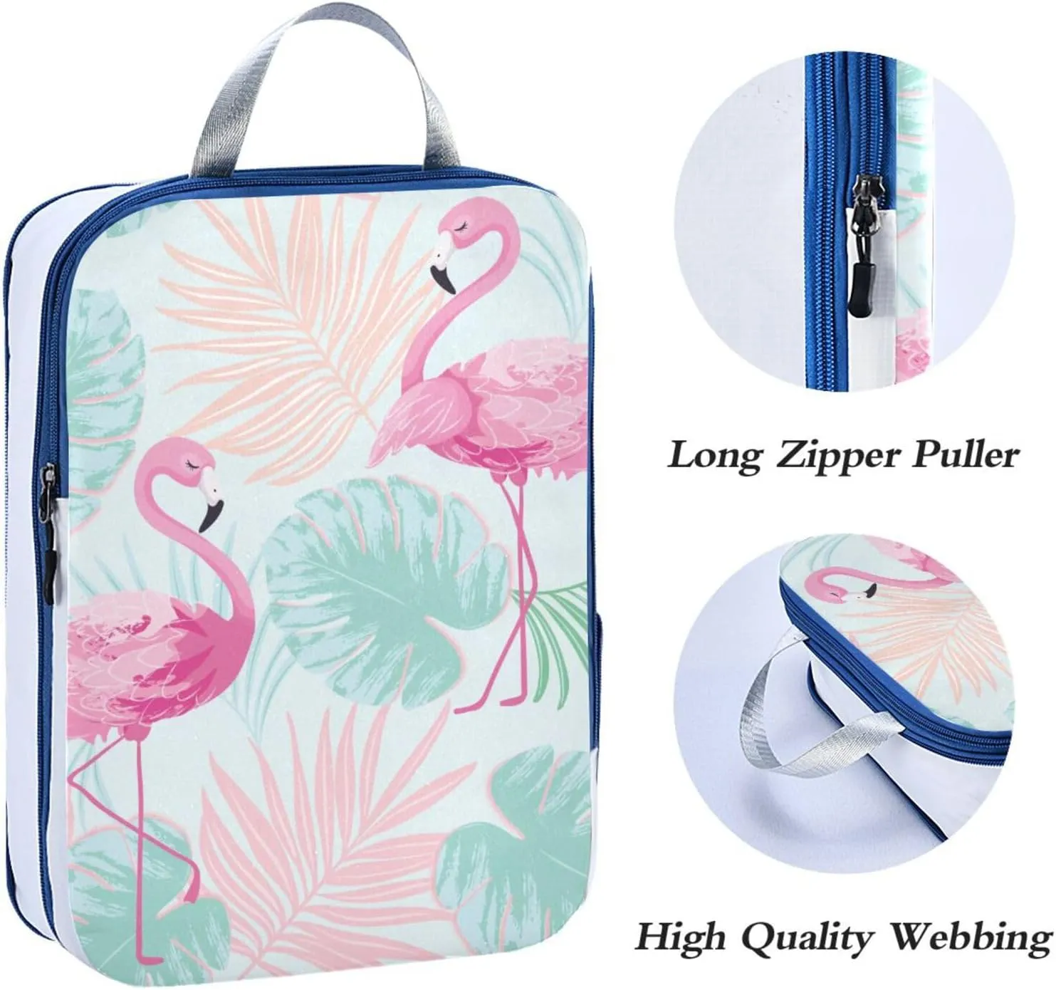 Pink Flamingo Green Palm Leaf Compression Packing Cubes 3 Set Waterproof Expandable Packing Organizers for Travel Accessories Suitcases Luggage Backpack
