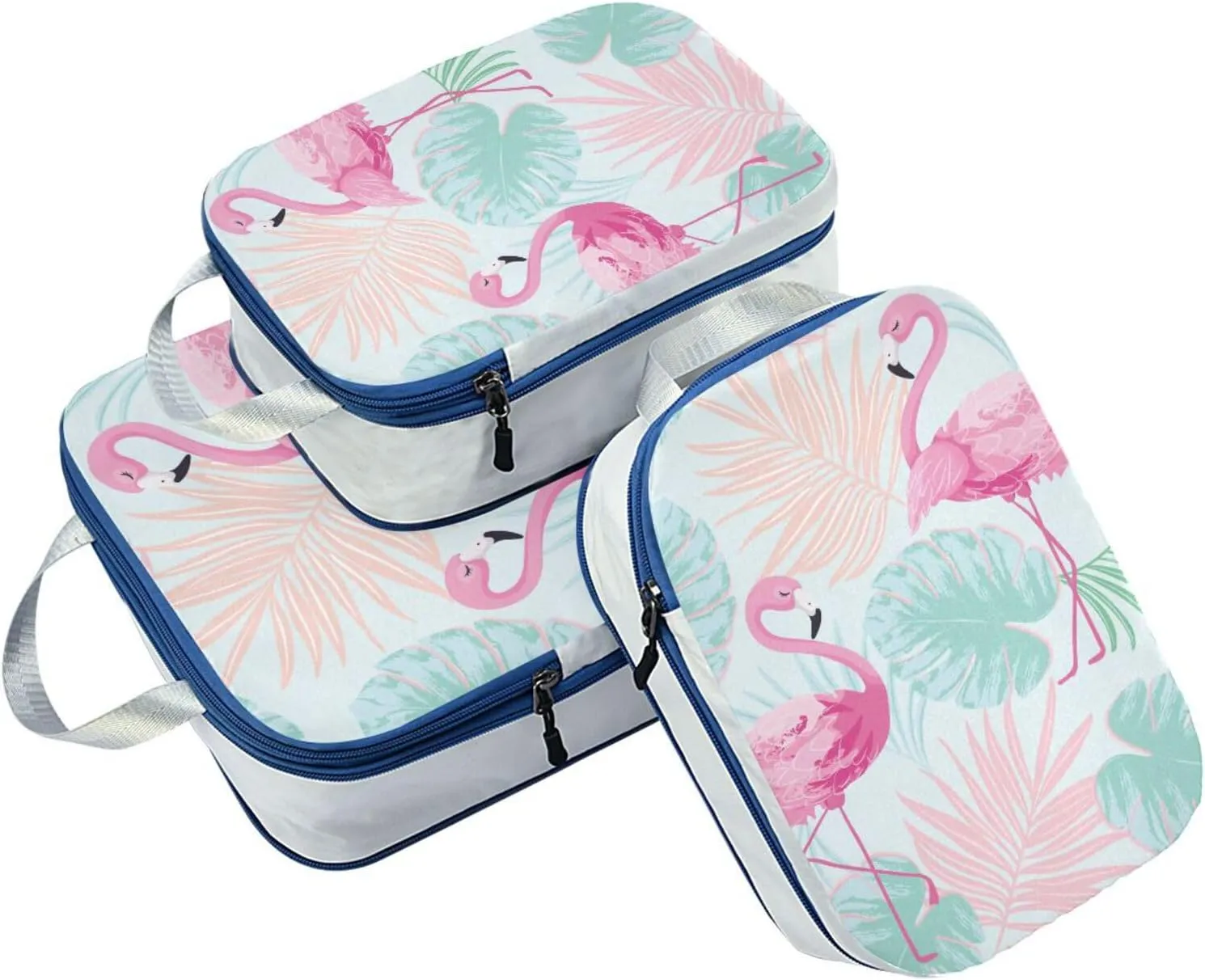 Pink Flamingo Green Palm Leaf Compression Packing Cubes 3 Set Waterproof Expandable Packing Organizers for Travel Accessories Suitcases Luggage Backpack