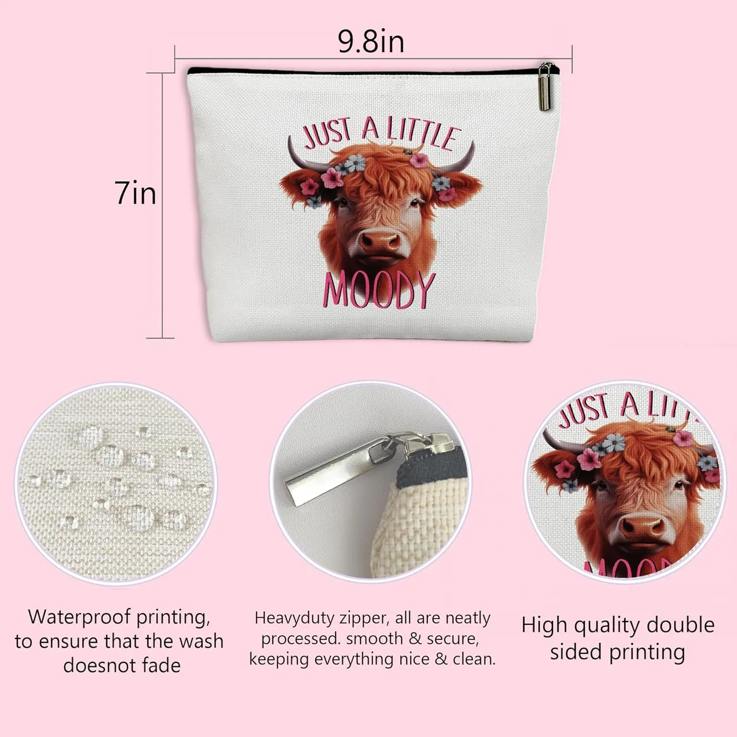 Pink Highland Cow Makeup Bag for Women Cute Moody Cosmetic Bag for Travel Toiletry Gift for Highland Cow Lovers Friends Sisters Daughters Ideal for Birthdays Christmas Western