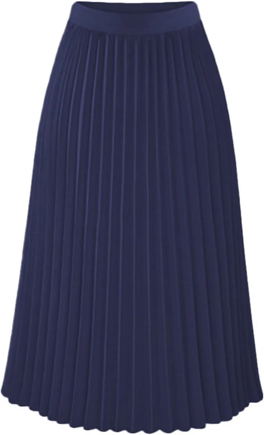 Pleated Midi Skirts for Women Casual High Elastic Waisted Solid Color Swing A-Line Elegant Work Skirt