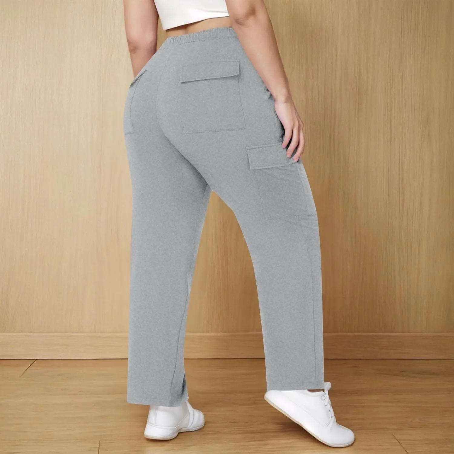 Plus Size Cargo Pants for Womens Drawstring Elastic High Rise Straight Baggy Oversize Pant Solid Color Casual Trousers