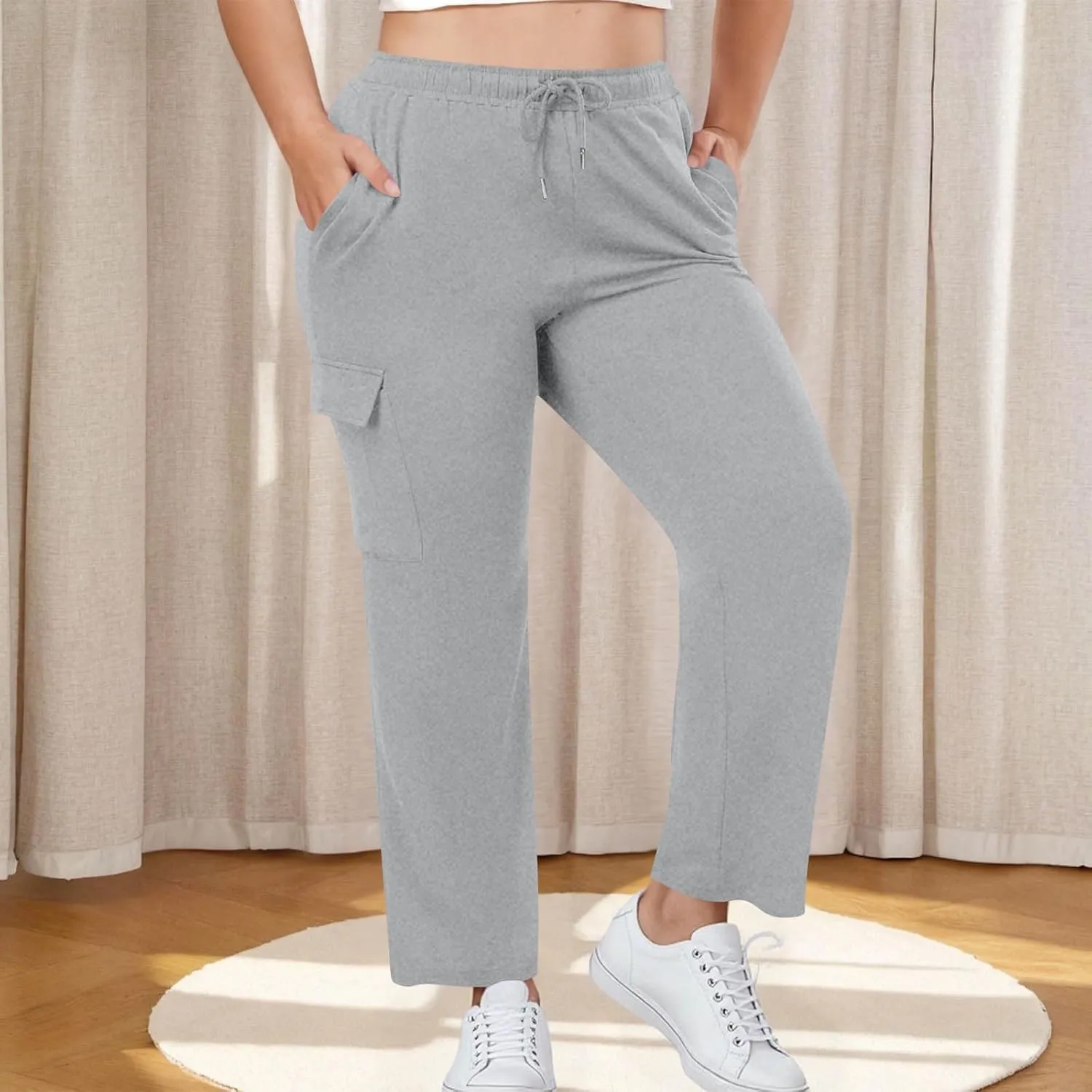 Plus Size Cargo Pants for Womens Drawstring Elastic High Rise Straight Baggy Oversize Pant Solid Color Casual Trousers
