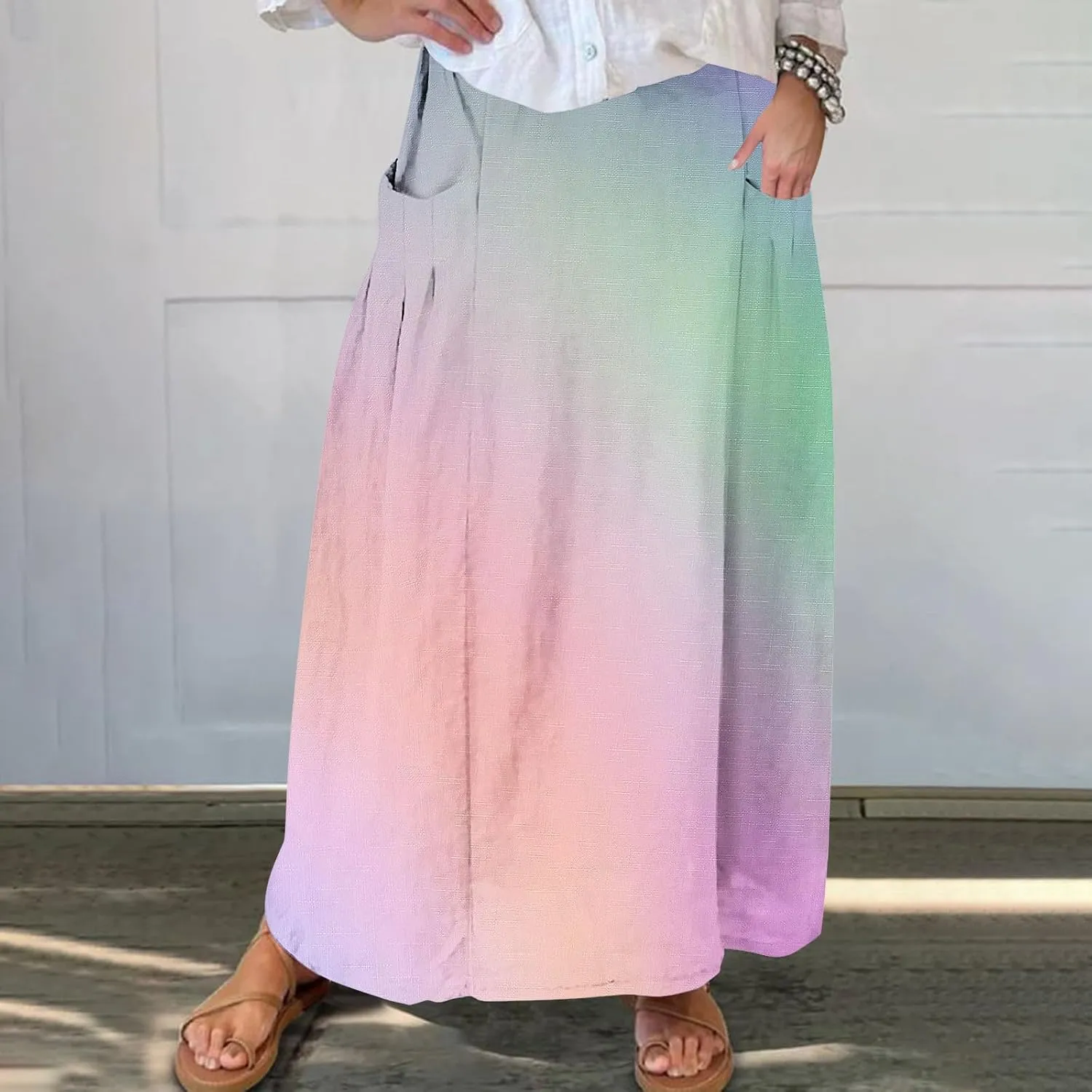 Plus Size Maxi Skirts for Women Printed Summer Skirts Elastic Waist Casual Skirts with Pockets Flowy Vacation Skirts