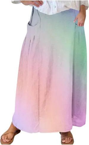 Plus Size Maxi Skirts for Women Printed Summer Skirts Elastic Waist Casual Skirts with Pockets Flowy Vacation Skirts