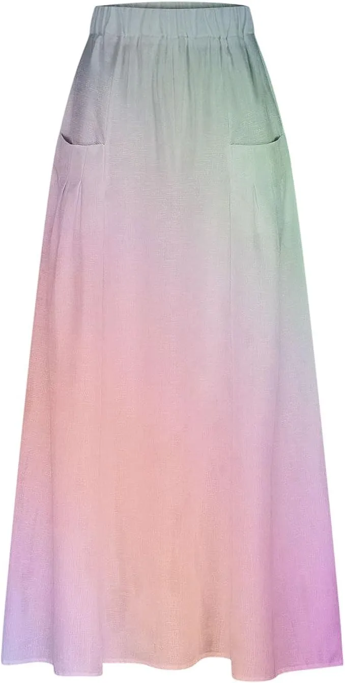 Plus Size Maxi Skirts for Women Printed Summer Skirts Elastic Waist Casual Skirts with Pockets Flowy Vacation Skirts