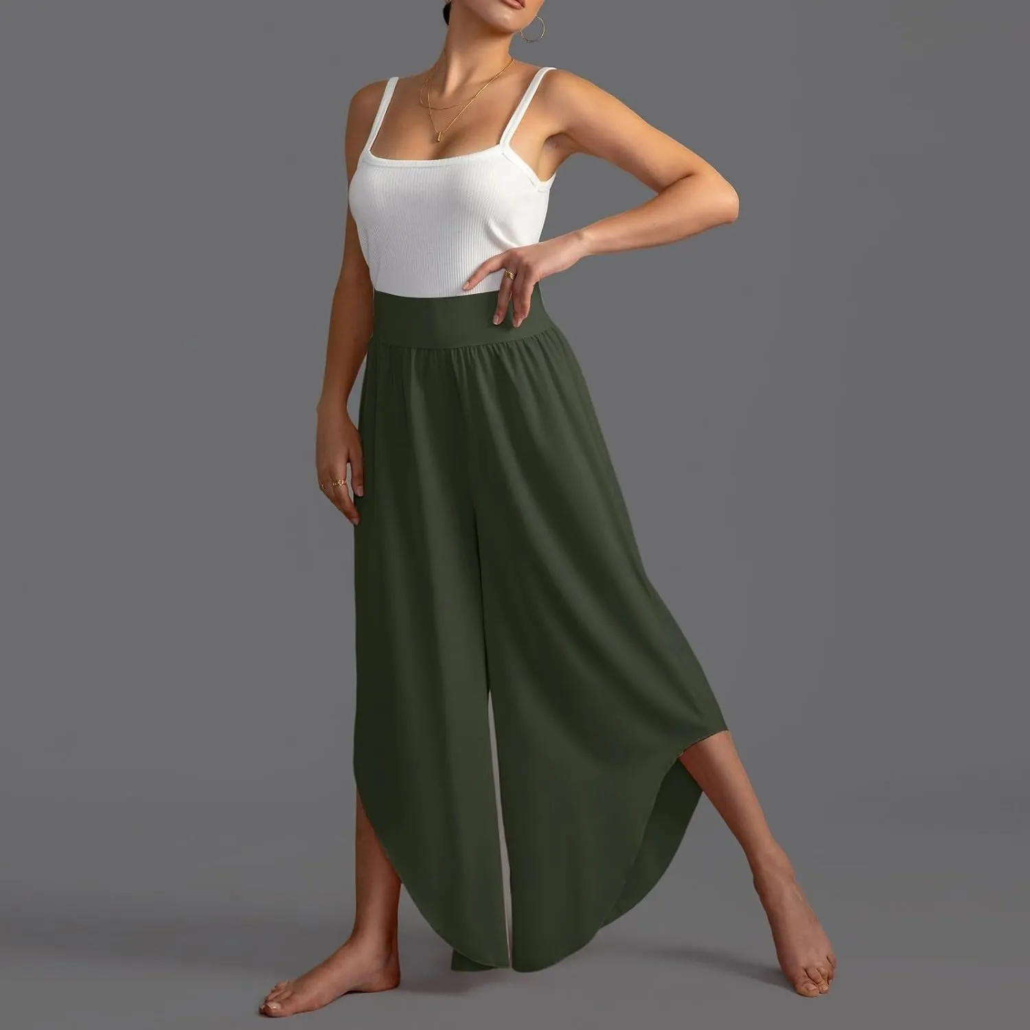 Plus Size Skirt Pants for Women Breathable Stretchy High Waisted Yoga Pants Loose Wide Leg Solid Color Comfy Trousers