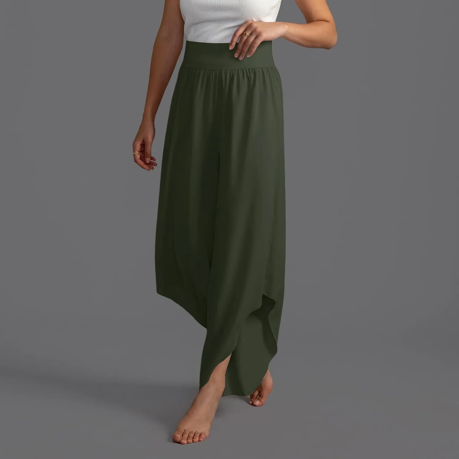 Plus Size Skirt Pants for Women Breathable Stretchy High Waisted Yoga Pants Loose Wide Leg Solid Color Comfy Trousers