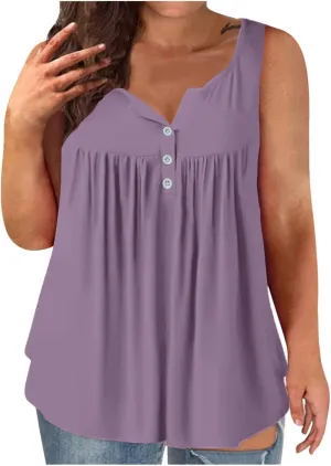 Plus Size Tank Tops for Women, Ladies Summer Sleeveless V-Neck Henley Shirts Buttons Up Pleated Front Flowy Tunics