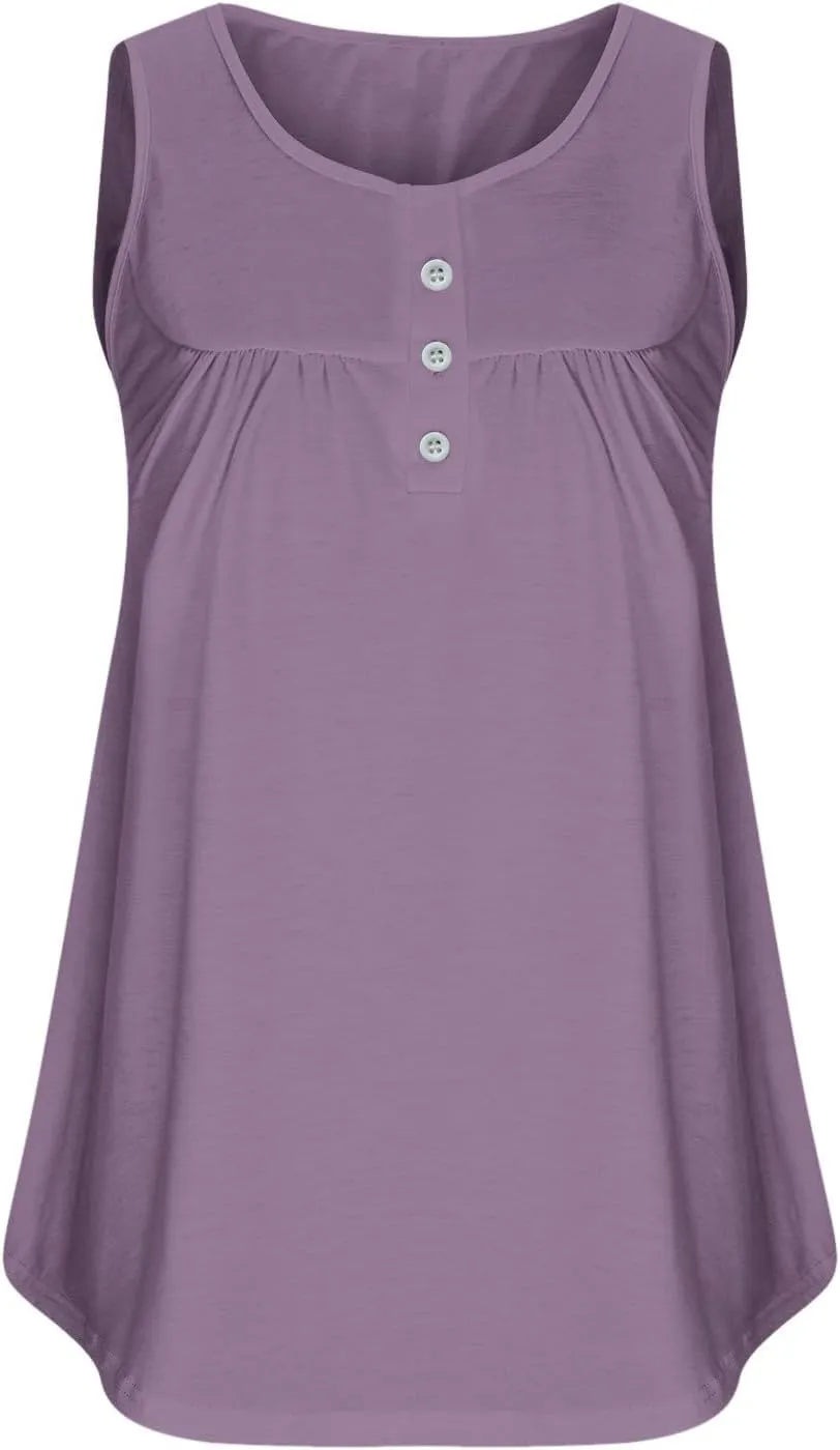 Plus Size Tank Tops for Women, Ladies Summer Sleeveless V-Neck Henley Shirts Buttons Up Pleated Front Flowy Tunics