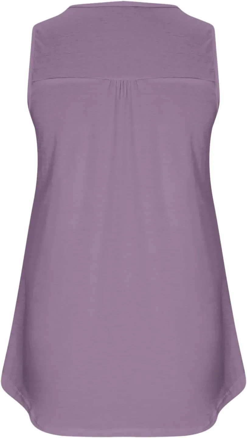 Plus Size Tank Tops for Women, Ladies Summer Sleeveless V-Neck Henley Shirts Buttons Up Pleated Front Flowy Tunics