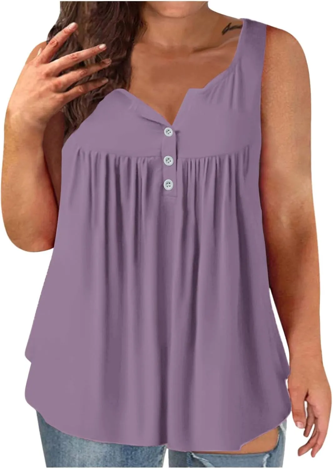 Plus Size Tank Tops for Women, Ladies Summer Sleeveless V-Neck Henley Shirts Buttons Up Pleated Front Flowy Tunics