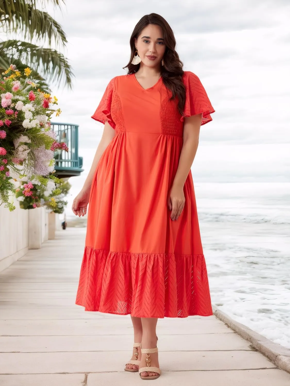 Plus Size Vacation Dresses for Women 2025 Summer Beach Dress Elegant Hollow Out Boho Dress with Pockets