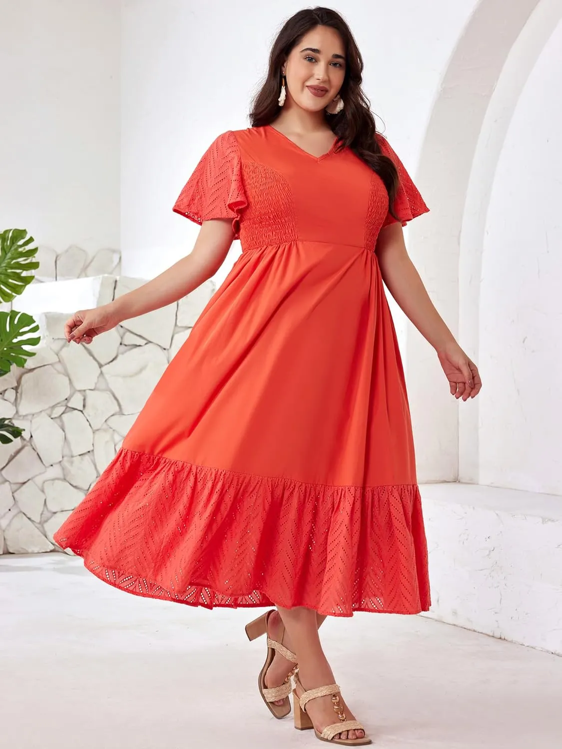Plus Size Vacation Dresses for Women 2025 Summer Beach Dress Elegant Hollow Out Boho Dress with Pockets