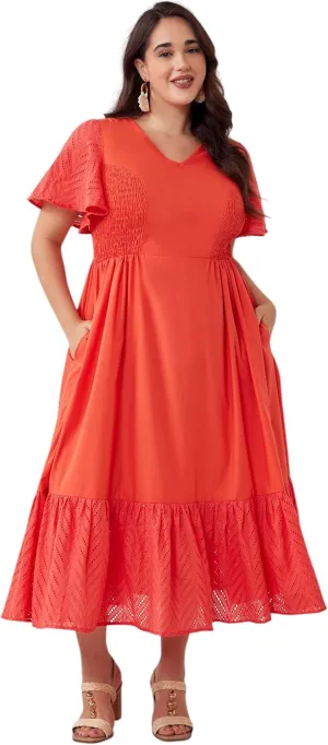 Plus Size Vacation Dresses for Women 2025 Summer Beach Dress Elegant Hollow Out Boho Dress with Pockets