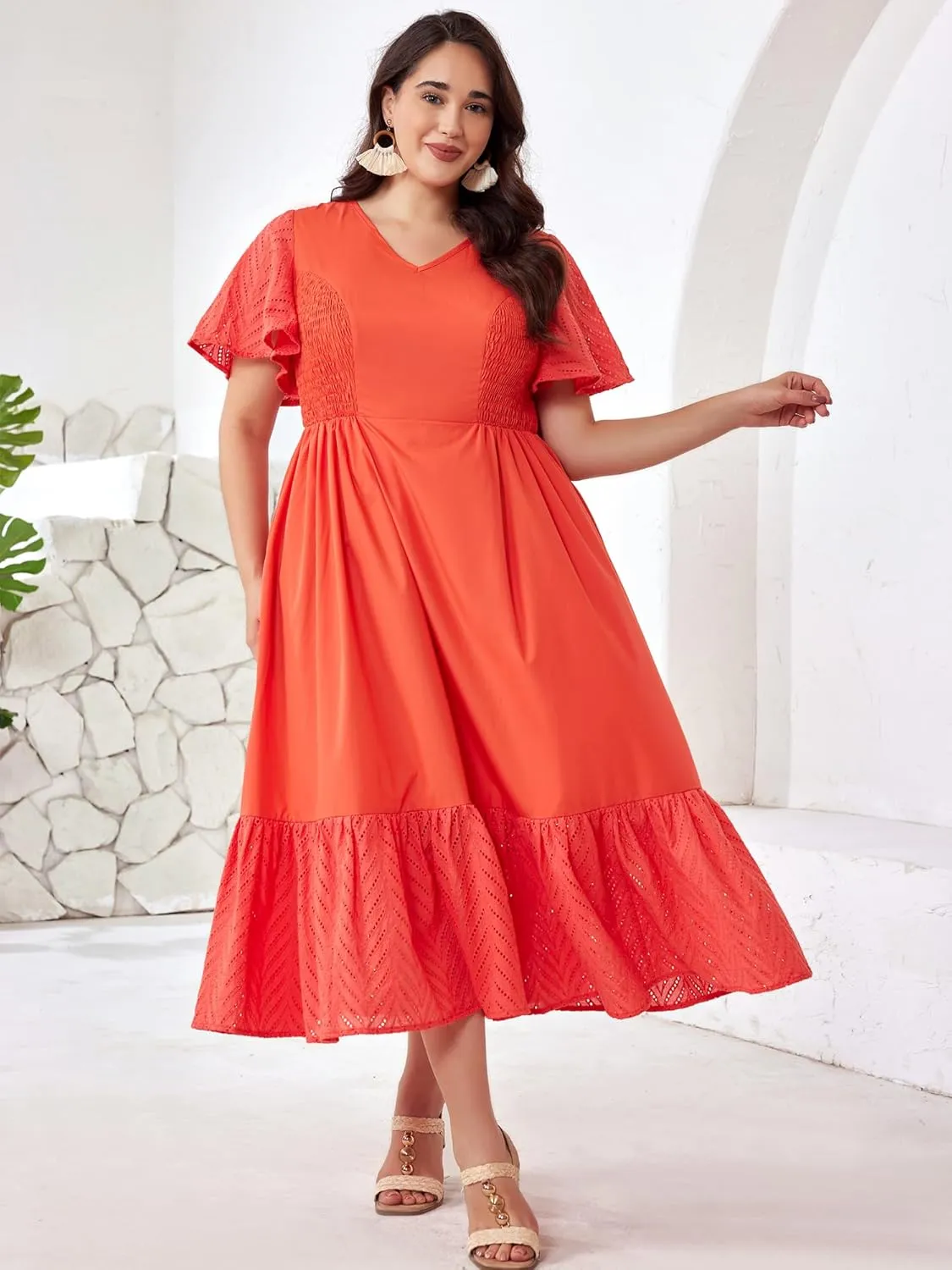 Plus Size Vacation Dresses for Women 2025 Summer Beach Dress Elegant Hollow Out Boho Dress with Pockets