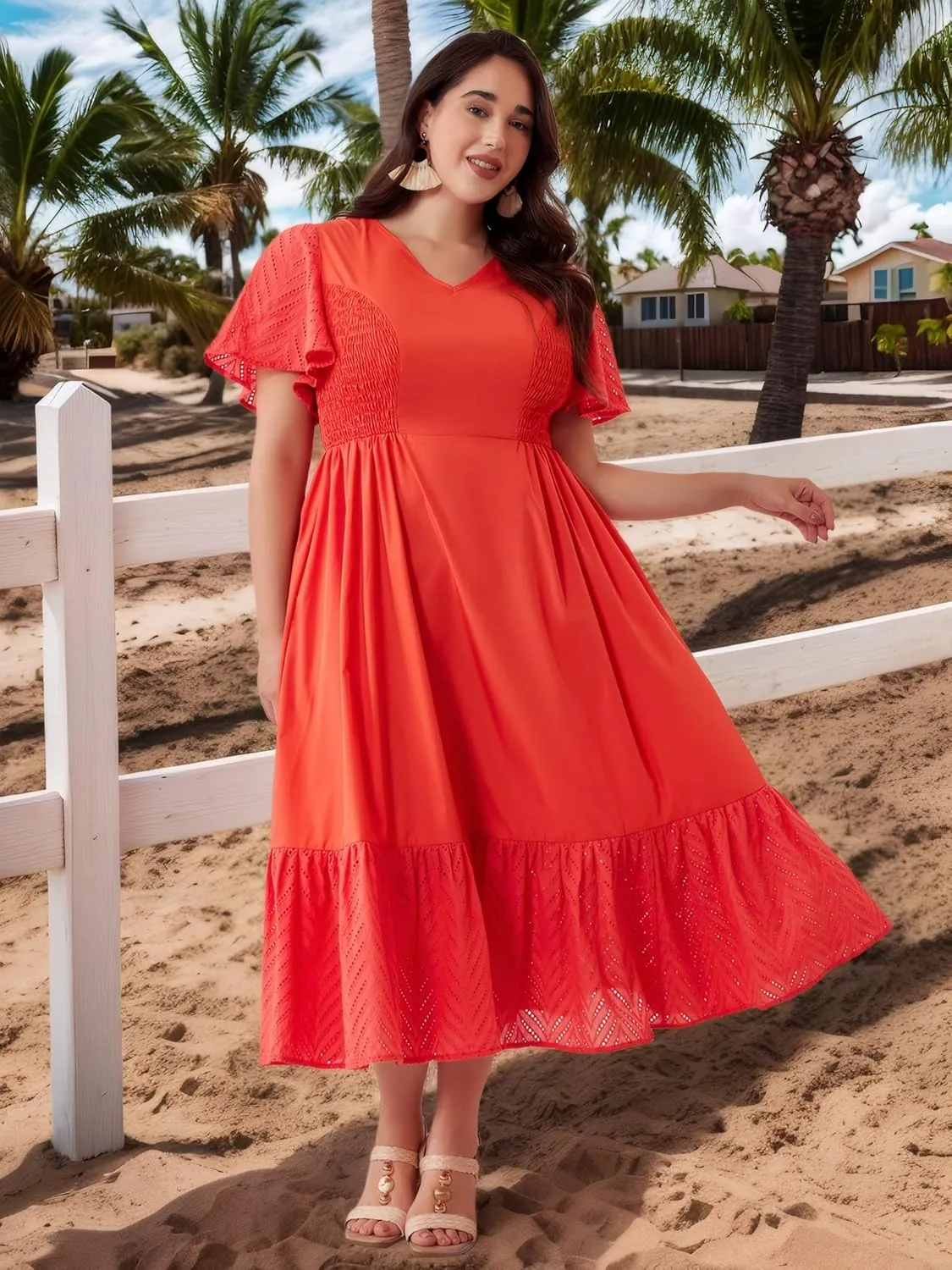 Plus Size Vacation Dresses for Women 2025 Summer Beach Dress Elegant Hollow Out Boho Dress with Pockets