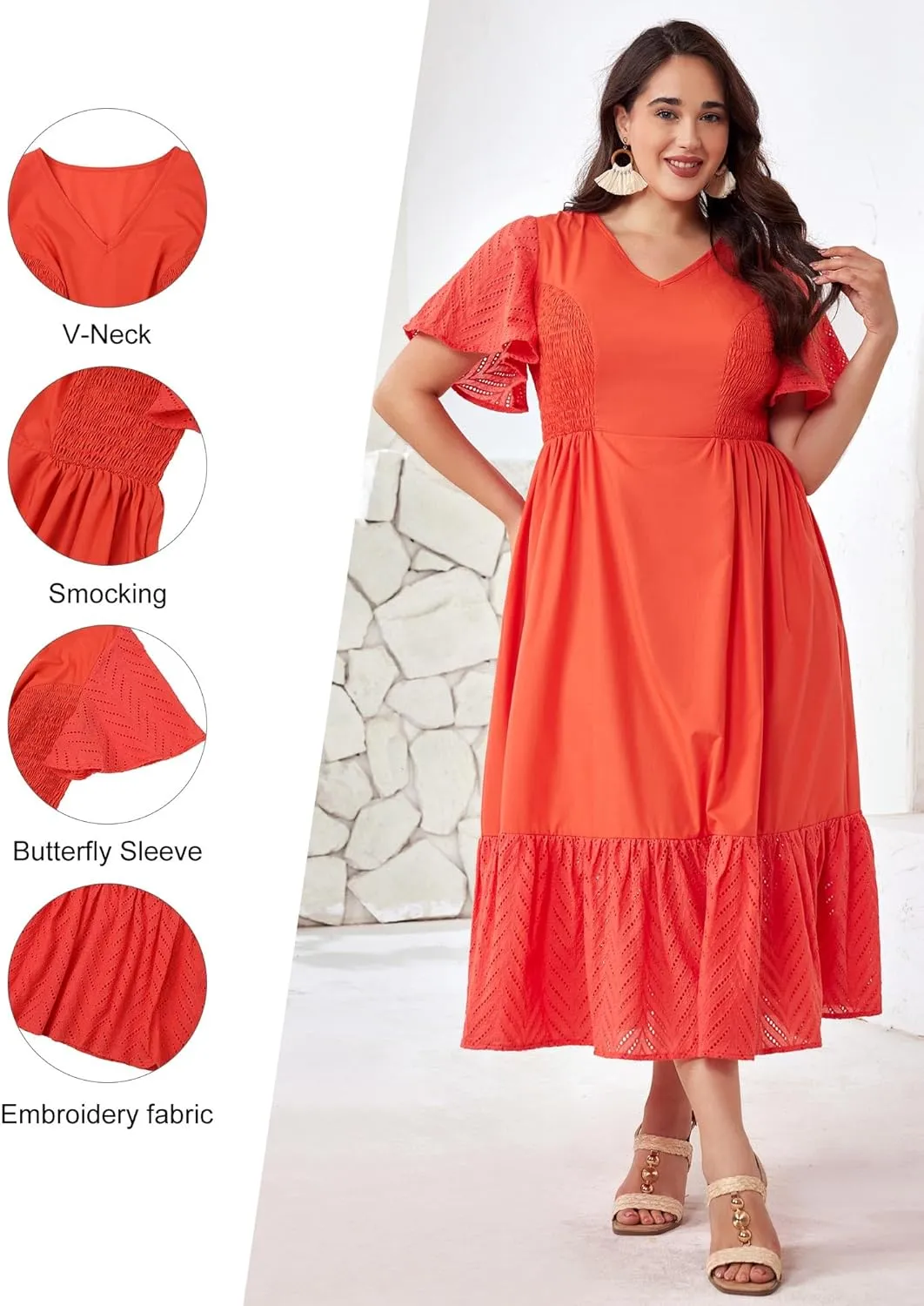 Plus Size Vacation Dresses for Women 2025 Summer Beach Dress Elegant Hollow Out Boho Dress with Pockets
