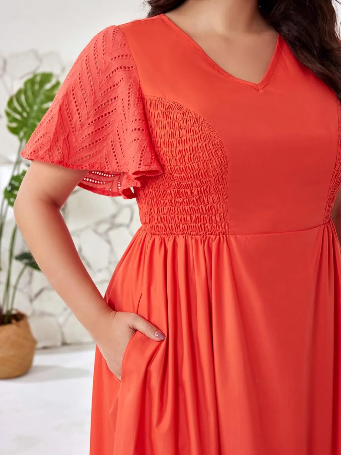Plus Size Vacation Dresses for Women 2025 Summer Beach Dress Elegant Hollow Out Boho Dress with Pockets