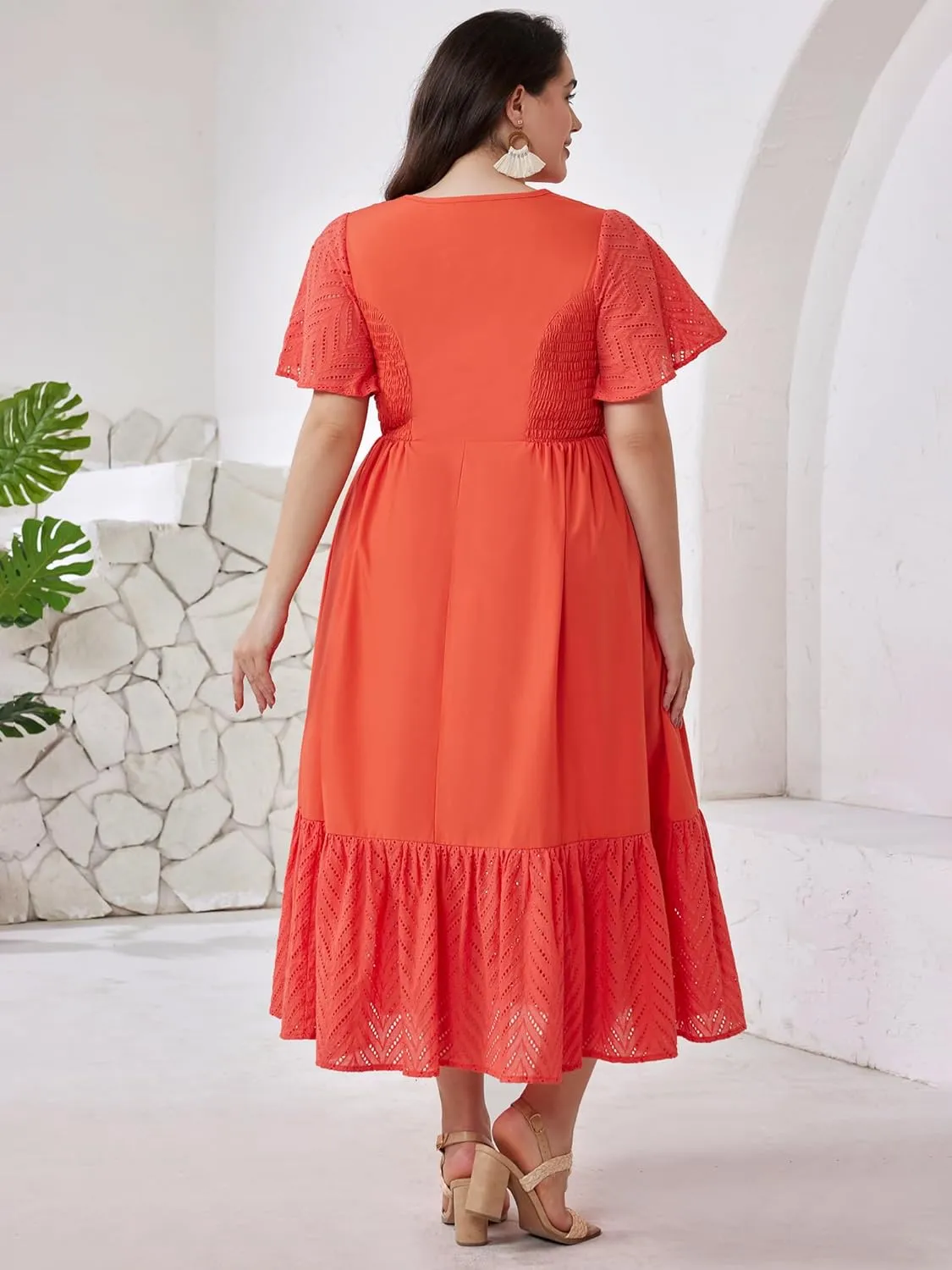 Plus Size Vacation Dresses for Women 2025 Summer Beach Dress Elegant Hollow Out Boho Dress with Pockets