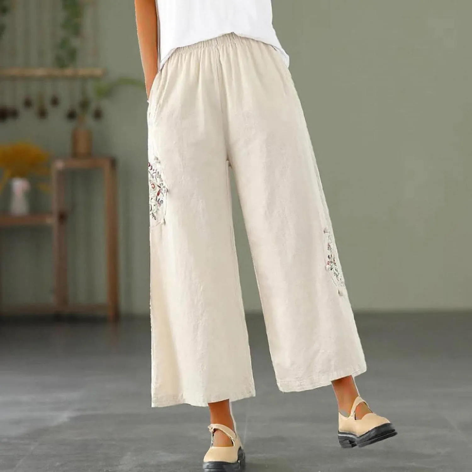 Plus Size Women Capris Pants Loose Summer Casual Cotton Linen Embroidery Vintage Wide Leg Cropped Trousers with Pockets