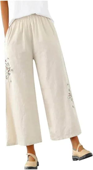 Plus Size Women Capris Pants Loose Summer Casual Cotton Linen Embroidery Vintage Wide Leg Cropped Trousers with Pockets