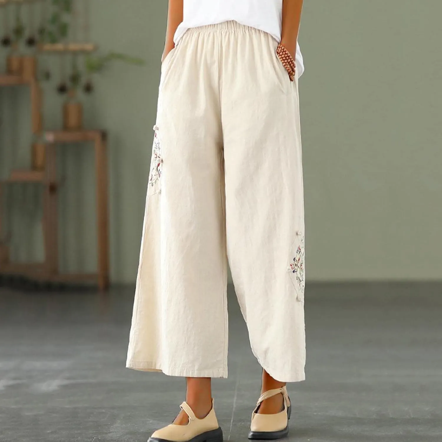 Plus Size Women Capris Pants Loose Summer Casual Cotton Linen Embroidery Vintage Wide Leg Cropped Trousers with Pockets