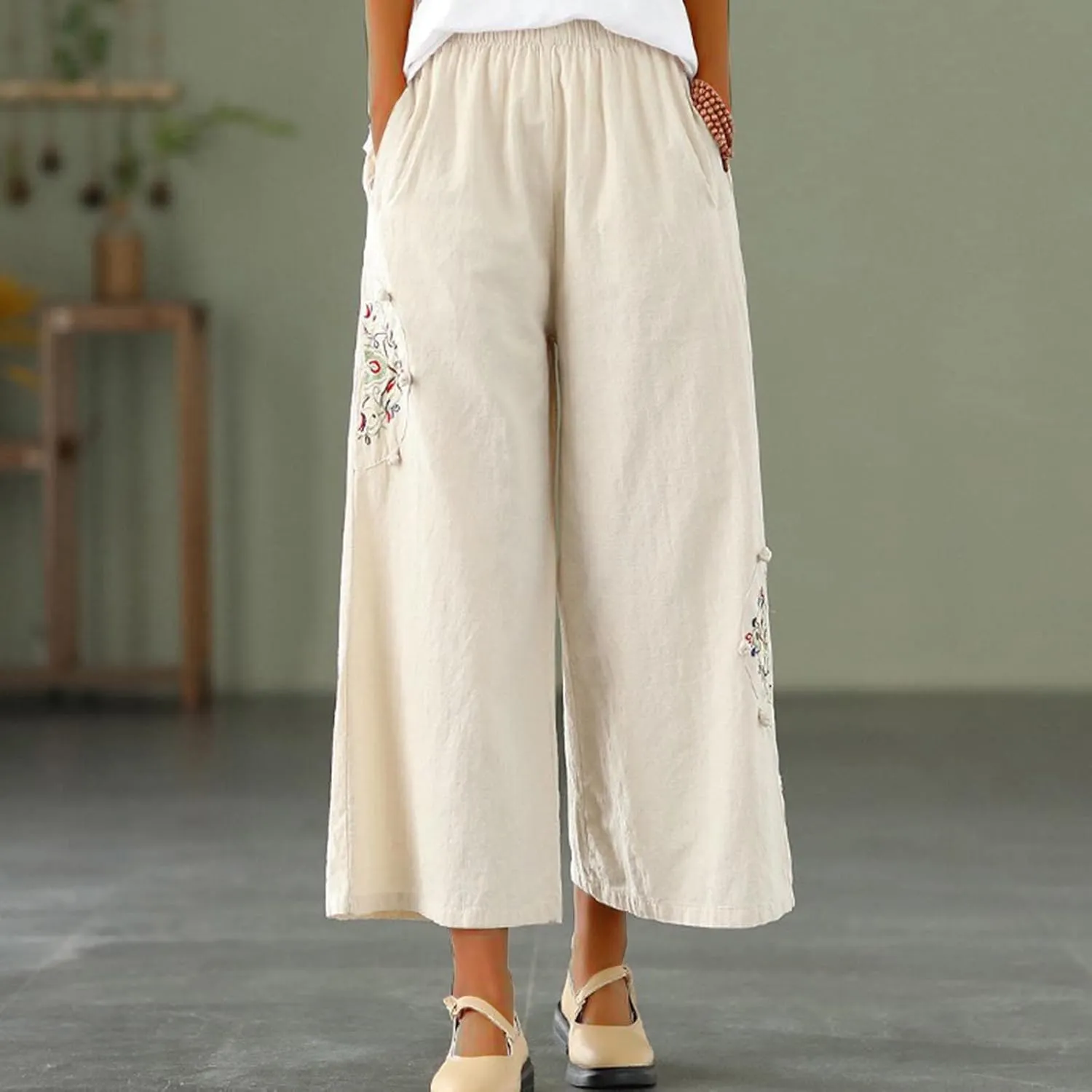 Plus Size Women Capris Pants Loose Summer Casual Cotton Linen Embroidery Vintage Wide Leg Cropped Trousers with Pockets