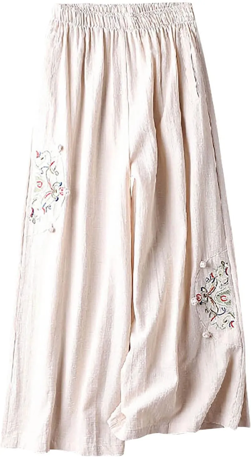 Plus Size Women Capris Pants Loose Summer Casual Cotton Linen Embroidery Vintage Wide Leg Cropped Trousers with Pockets