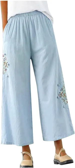 Plus Size Women Capris Pants Loose Summer Casual Cotton Linen Embroidery Vintage Wide Leg Cropped Trousers with Pockets