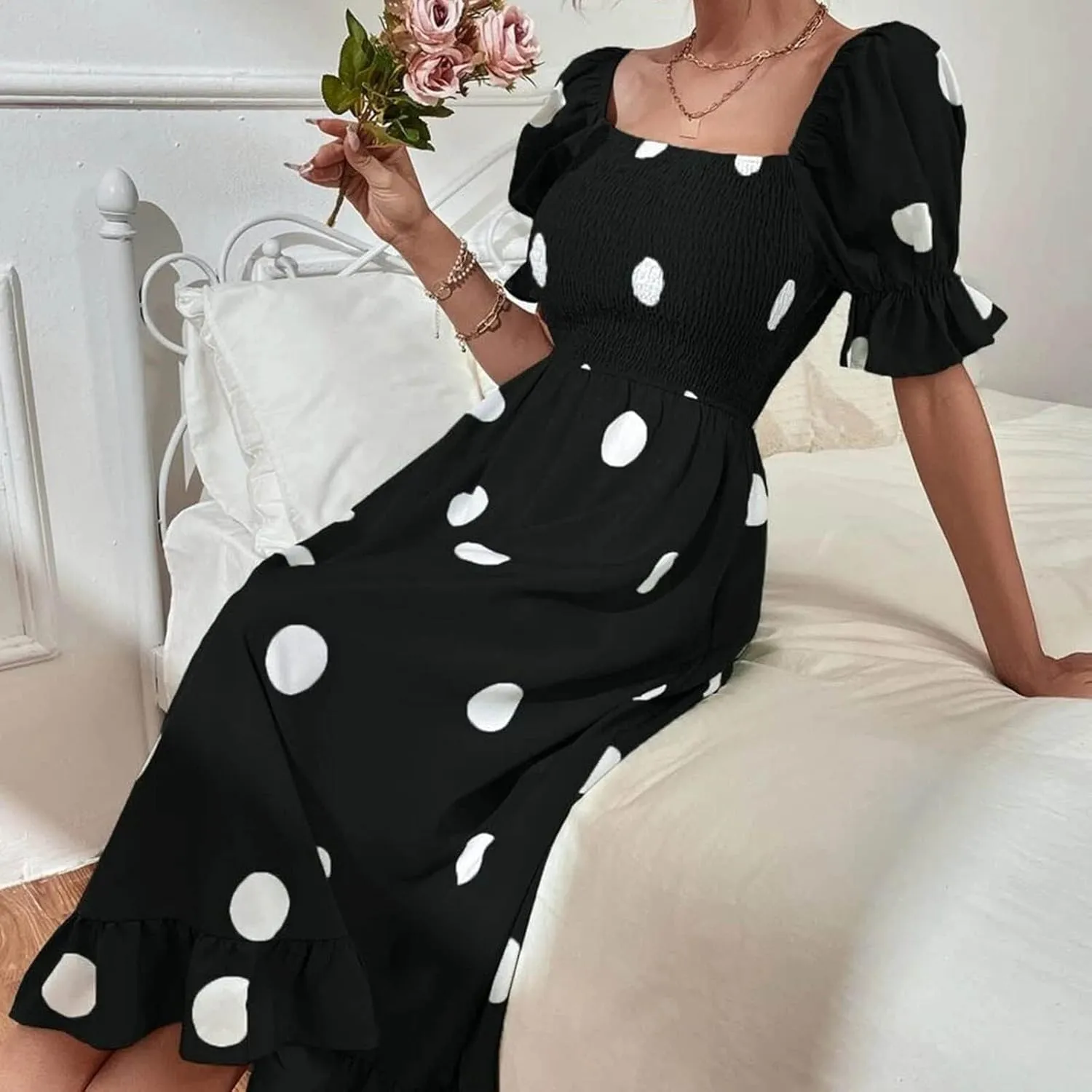 Polka Dot Maxi Dress for Women Square Neck Short Puff Sleeve Summer Midi Dress Elegant Ruffle Hem Shirred Dress 2025